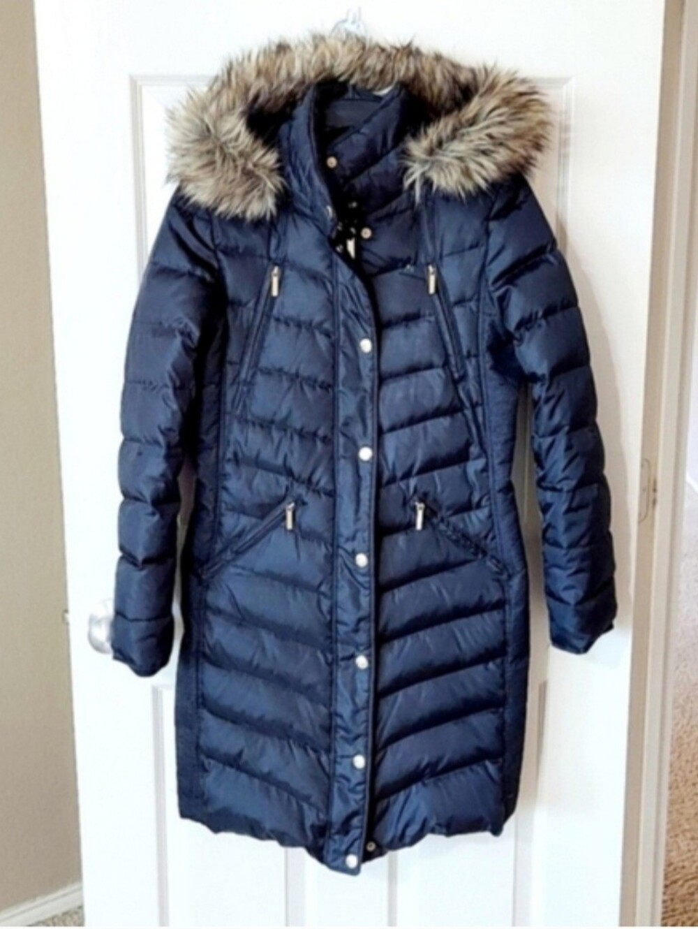 Michael Kors Women's Puffer Long Jacket With Removable Trim Hood SZ XS